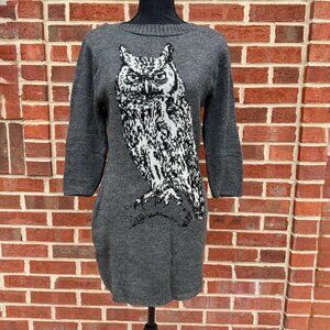 Hot Shot Mini Sweater Dress Tunic Medium Gray Whimsical Owl Graphic